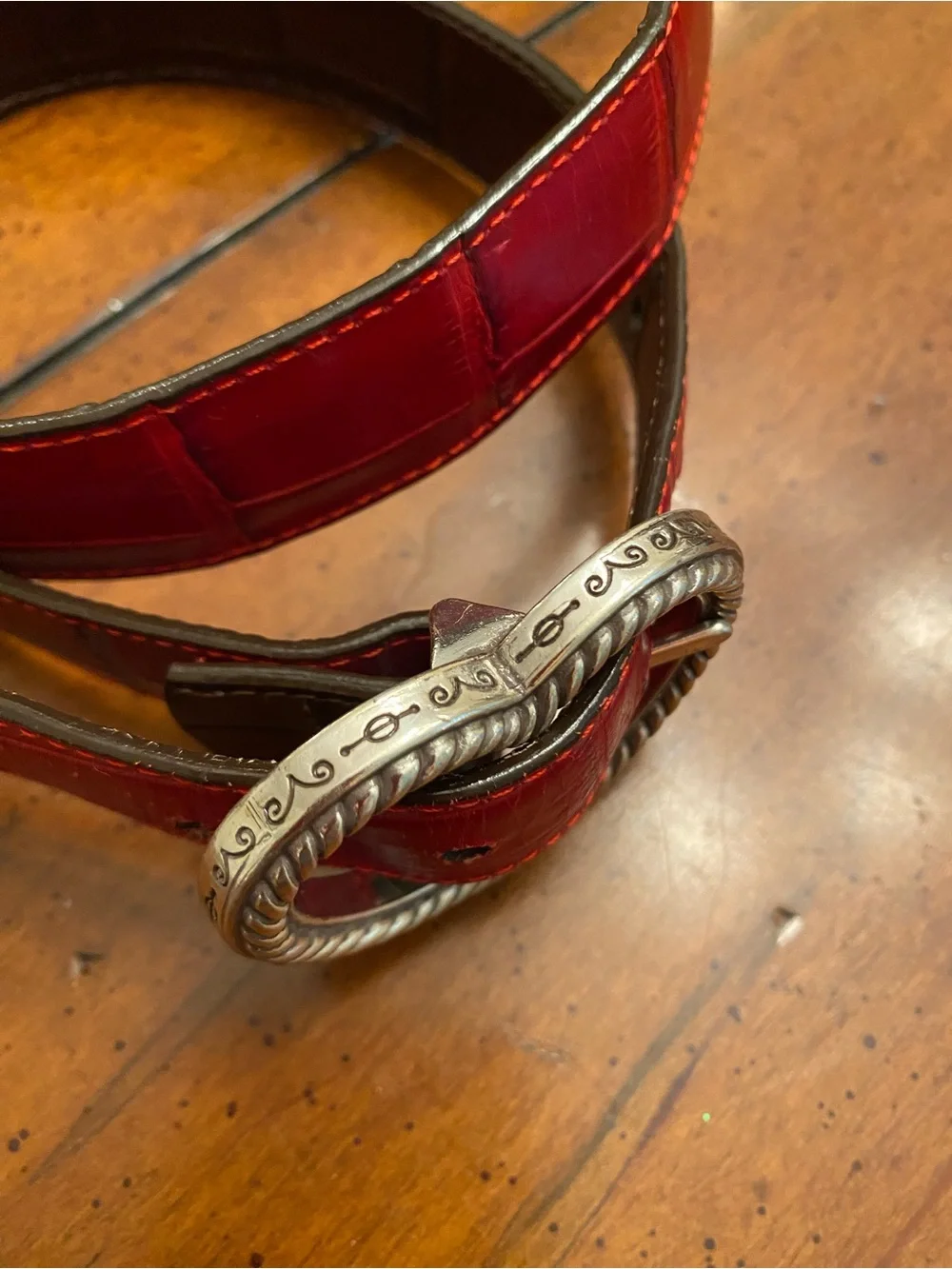 Brighton Heart Buckle Leather Reversible Crock Embossed Belt. Brown and Red M/L